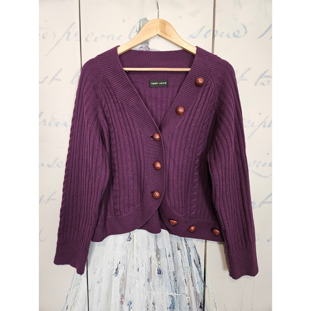 Terry Lewis Cardigan L Purple 100% Wool Cable Knit Leather Button V-Neck Sweater